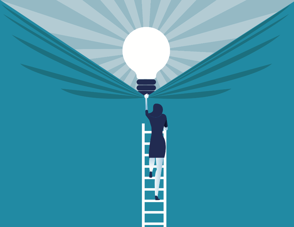 IIllustration of a woman on top of a ladder revealing a light bulb